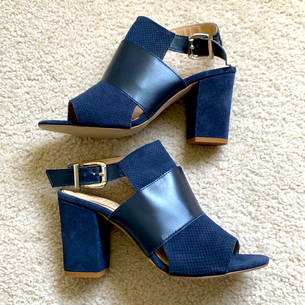 Barneys New York Navy Blue Block Heel Sandals